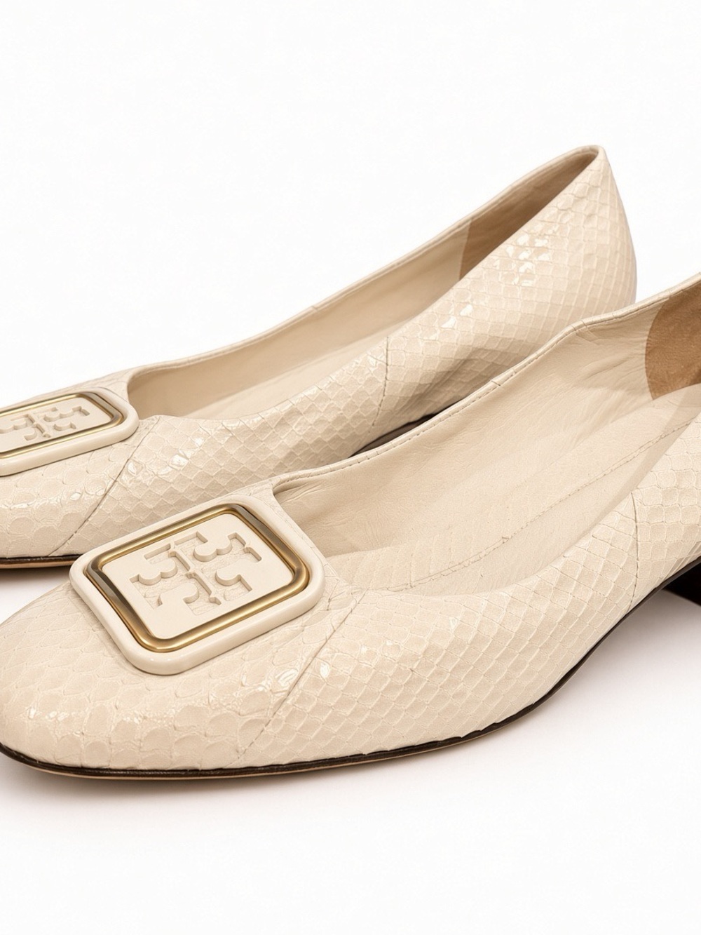 Tory Burch Cream Logo-Embellished Leather with Block Heel